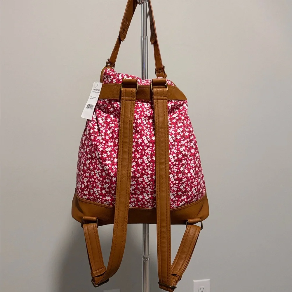 Madden Girl Red Floral Canvas Backpack with Tan Trim